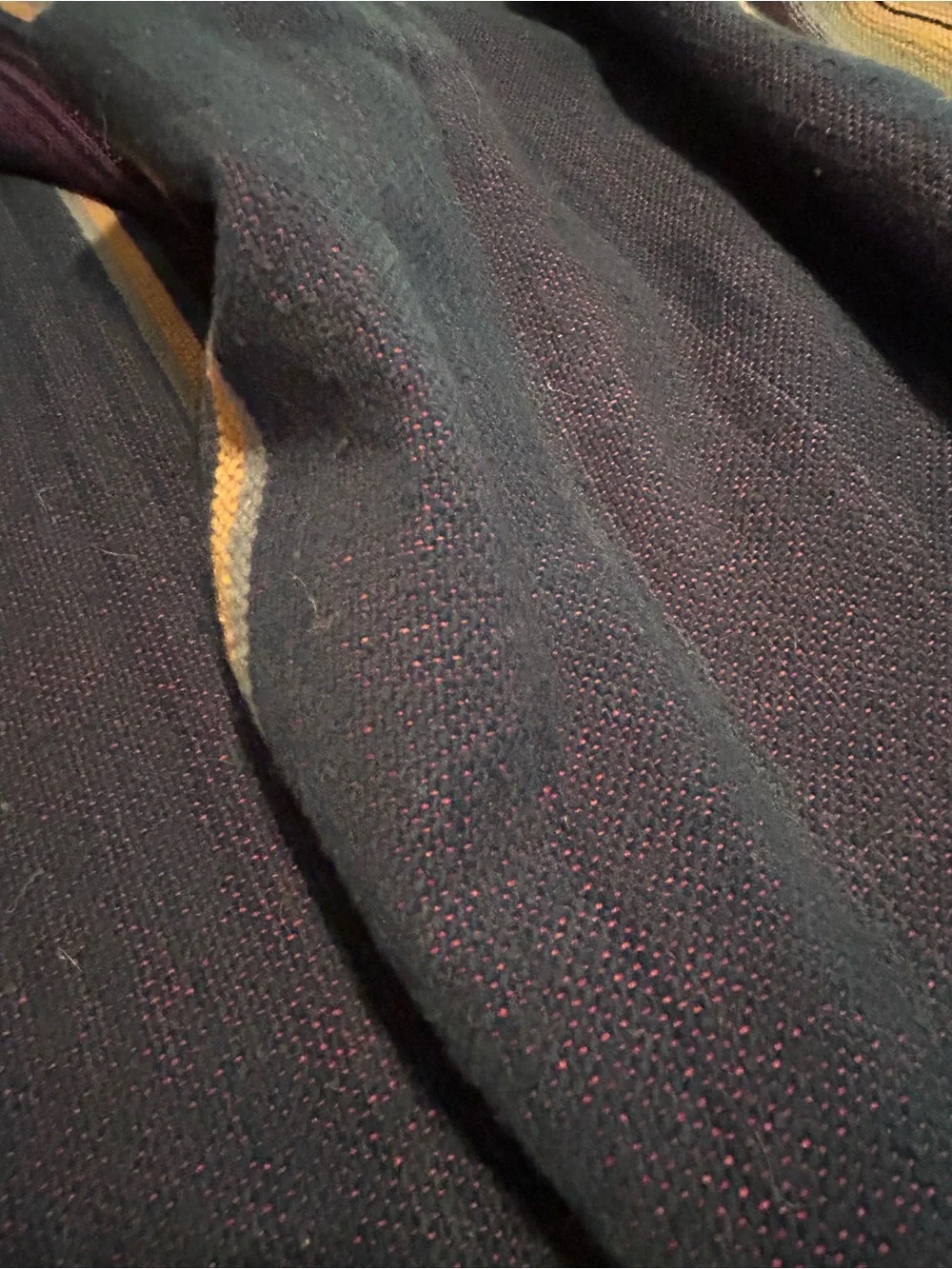 Striped Wool King Size Blanket in Blue, Purple, Yellow. Hand weaved in Mexico